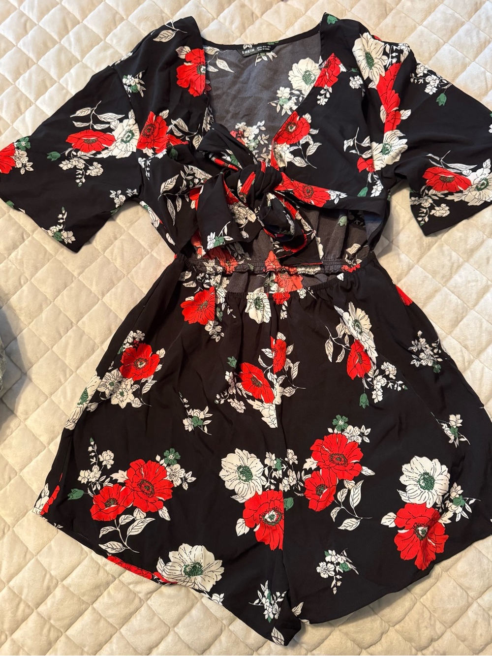SHEIN Black Floral Blouse with Green & White Accents